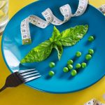 Diet blue plate with centimeter peas and basil